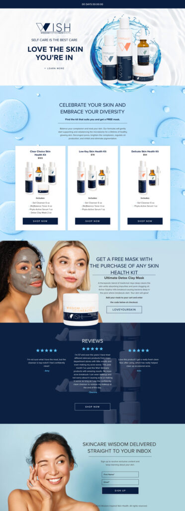 Landing page for Wish Skin Care